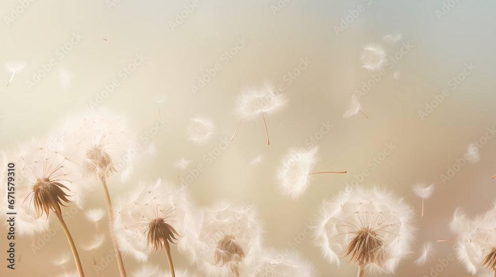 Dandelion fluff background for aesthetic minimalism style background. Beige, neutral and pastel color wallpaper with elegant and light flying fluffs. Fragile and lightweight.