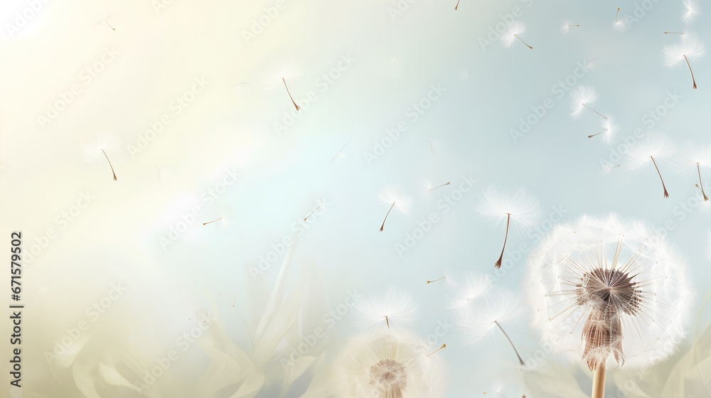 Dandelion fluff background for aesthetic minimalism style background. Neutral and pastel color wallpaper with elegant and light flying fluffs. Fragile, lightweight and beautiful nature backdrop.