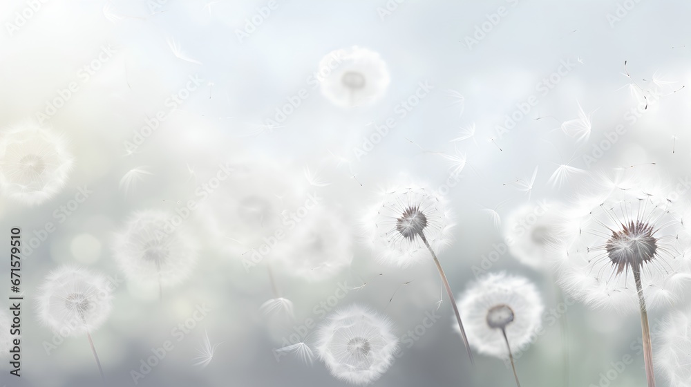 Dandelion fluff background for aesthetic minimalism style background. Neutral and pastel color wallpaper with elegant and light flying fluffs. Fragile, lightweight and beautiful nature backdrop.