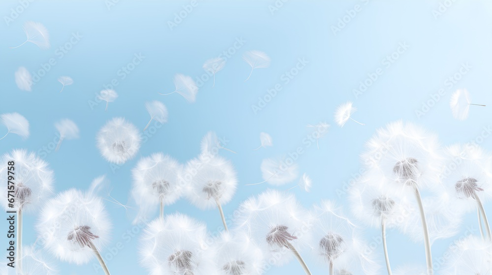 Dandelion fluff background for aesthetic minimalism style background. Light blue color wallpaper with elegant and light flying fluffs on empty wall. Fragile, lightweight and beautiful nature backdrop.