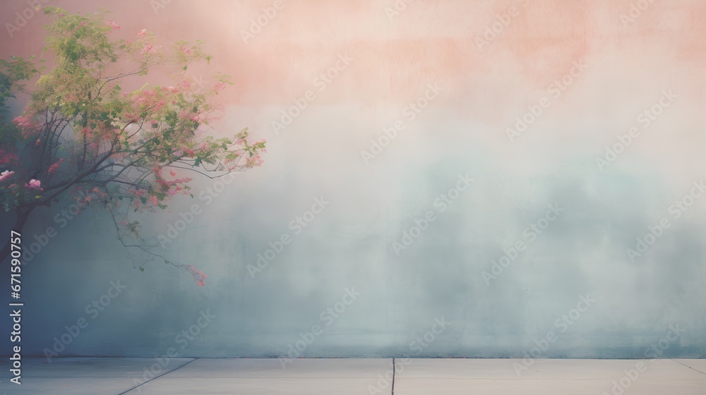 Painting of light reflection on wall with branch. Watercolor pastel colors aesthetic minimalism background with neutral style. Empty wall with color gradients as elegant and simple backdrop