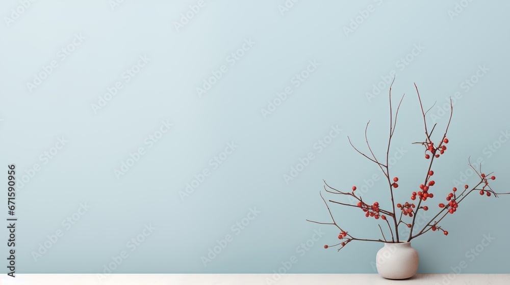 Minimalist background with simple, elegant vase with dry flowers. The vase is set against a light blue wall in minimalist aesthetic style. Calm and serene view with pastel tones.