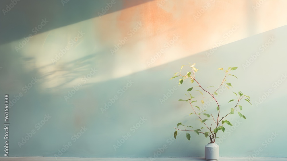 Painting of light reflection on wall with branch. Watercolor pastel colors aesthetic minimalism background with neutral style. Empty wall with color gradients as elegant and simple backdrop