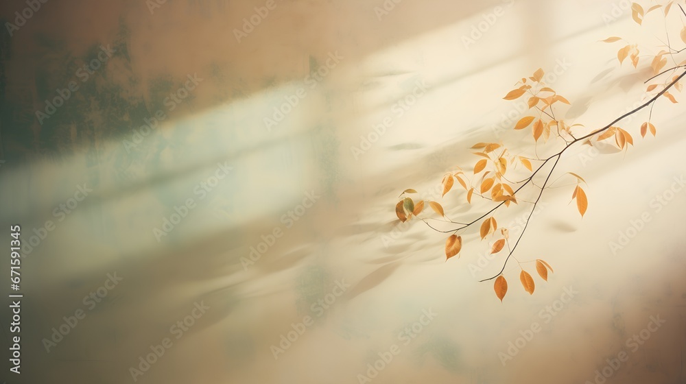 Painting of light reflection on wall with branch. Watercolor pastel colors aesthetic minimalism background with neutral style. Empty wall with color gradients as elegant and simple backdrop