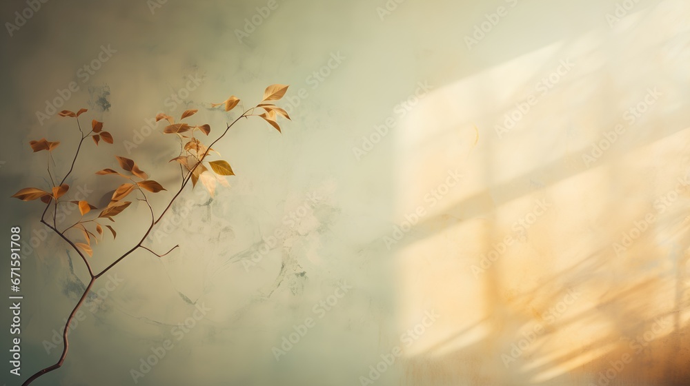 Painting of light reflection on wall with branch. Watercolor pastel colors aesthetic minimalism background with neutral style. Empty wall with color gradients as elegant and simple backdrop