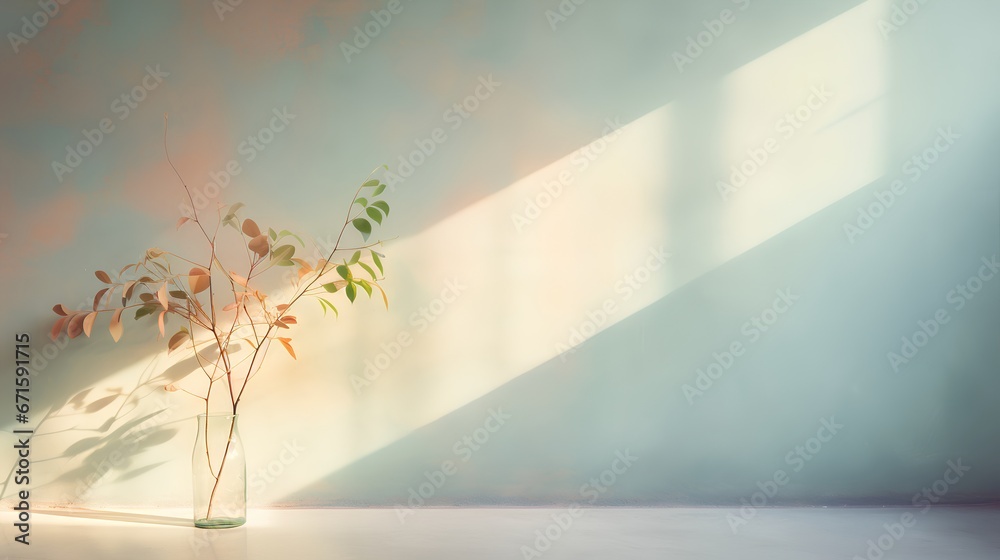 Painting of light reflection on wall with branch. Watercolor pastel colors aesthetic minimalism background with neutral style. Empty wall with color gradients as elegant and simple backdrop