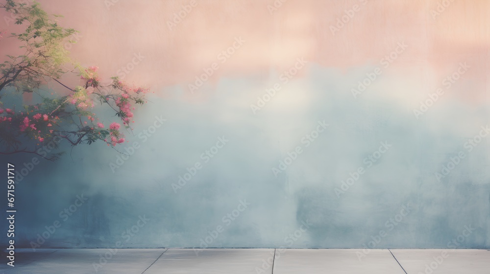 Painting of light reflection on wall with branch. Watercolor pastel colors aesthetic minimalism background with neutral style. Empty wall with color gradients as elegant and simple backdrop