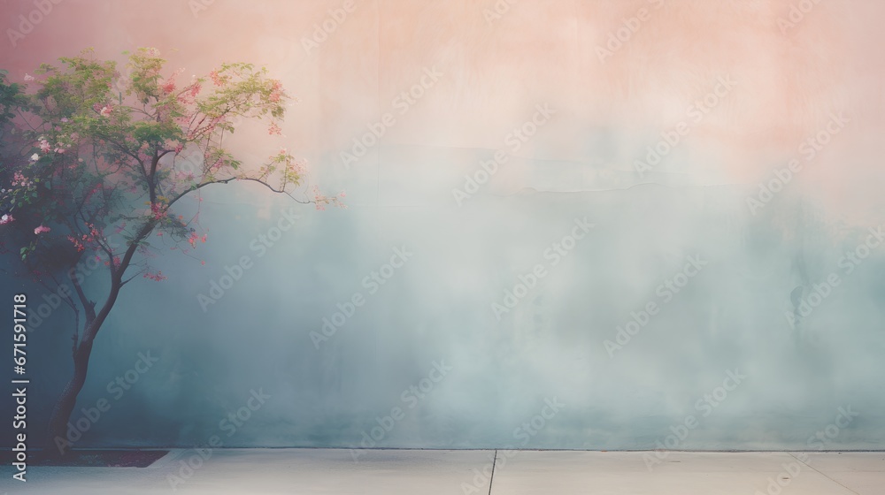 Painting of light reflection on wall with branch. Watercolor pastel colors aesthetic minimalism background with neutral style. Empty wall with color gradients as elegant and simple backdrop