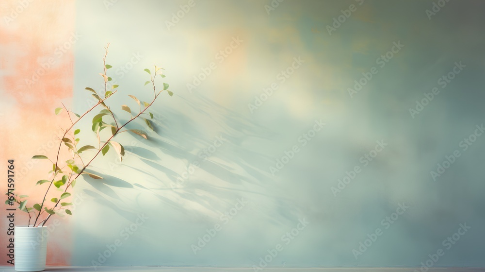 Painting of light reflection on wall with branch. Watercolor pastel colors aesthetic minimalism background with neutral style. Empty wall with color gradients as elegant and simple backdrop