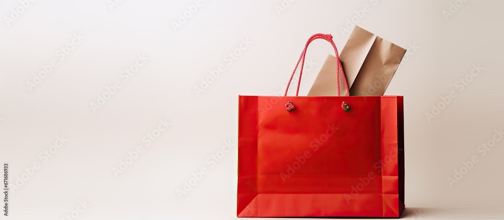 The present packed inside a handmade cardboard container fastened with eco friendly twine is placed within a crimson paper sack in a shopping cart against a backdrop of pure white Room for i