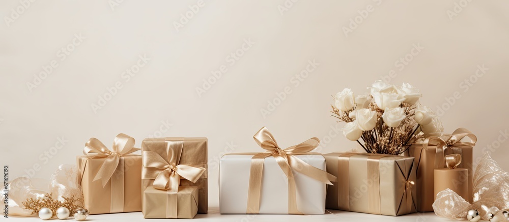 Wedding day gift boxes arranged on a table