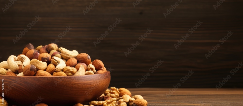 The wooden bowl on the brown floor contains dried fruits and nuts