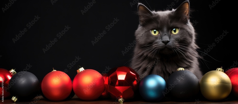 A black backdrop is adorned with Christmas ornaments showcasing a feline