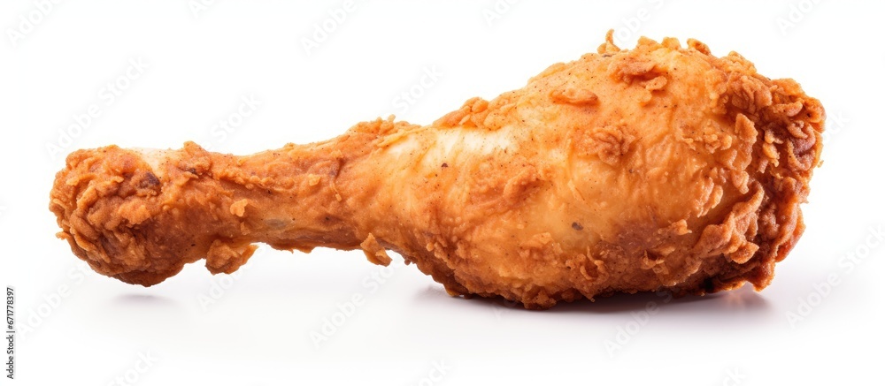 Chicken leg deep fried and placed on a background that is white