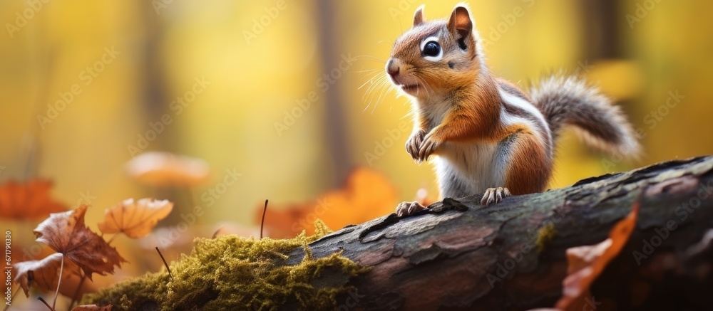 Chipmunks from Siberia grooming themselves within an autumnal woodland setting