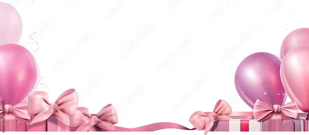 Handcrafted watercolor drawing of a present in shades of pink adorned with a bow and accompanied by floating balloons