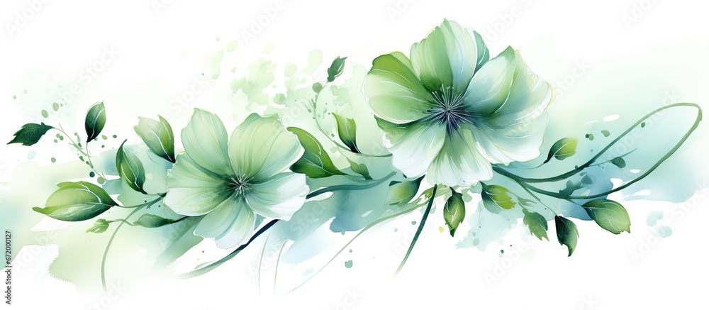 A floral illustration that depicts green watercolor flowers can be seen standing out on a white background