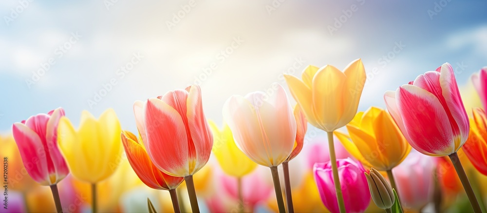 A tulip flower in a field catches the eye with its vibrant colors while the blurred background of nature adds to its artistic allure