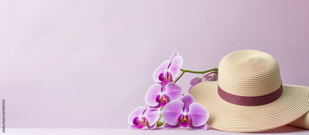 A moth orchid from the Orchidaceae family is placed in a terracotta pot on a vibrant background splashed with purple and white colors combined with a spring themed straw hat Accompanied by a