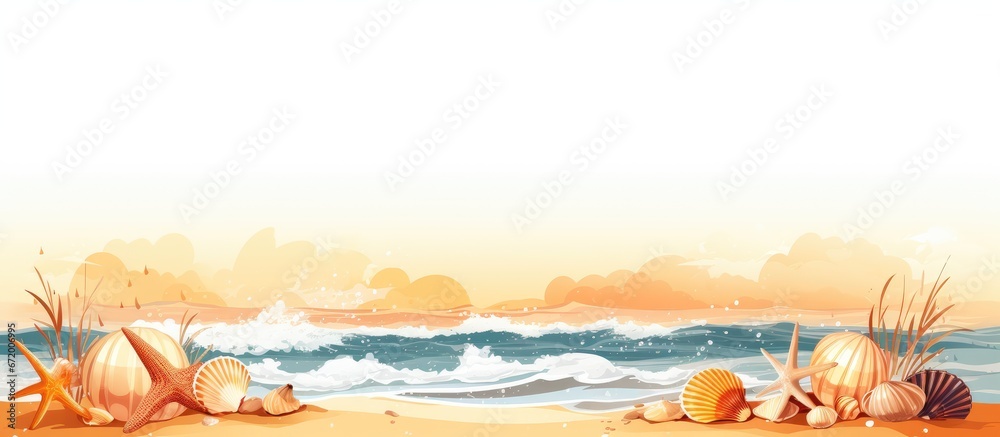 Illustration of shells with the backdrop of the sea and sun