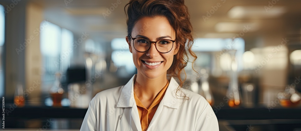 A confident hispanic female scientist who is young and beautiful is smiling while holding a flask of syrup in the laboratory