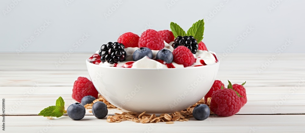 In a petite bowl there is a blend of yogurt berries and granola