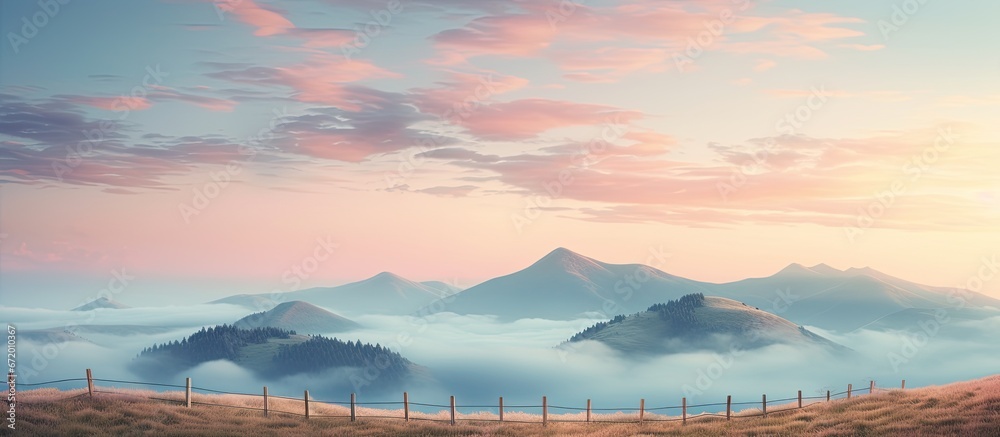 A serene scene of mountains with clouds overhead and a fence atop a hill The soft pastel colors of the sky complement the tranquil setting