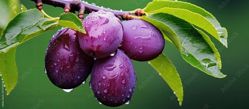 Fresh plums hanging on a tree branch adorned with water droplets against a lush green backdrop