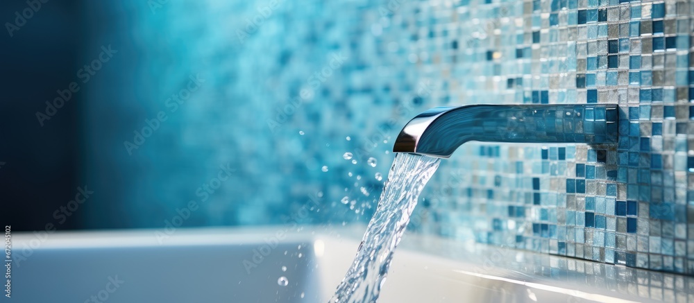 A detailed view captures the flow of water from an extravagant tap into a spacious contemporary bathtub set against a mosaic wall of blue tones