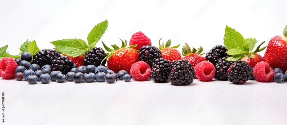 A variety of summer ripened berries displayed on a white backdrop including antioxidants a detox diet and organically grown fruits