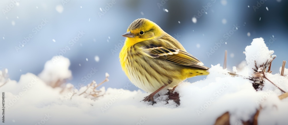 During the winter season a Yellowhammer Emberiza citrinella can be observed in snowy conditions