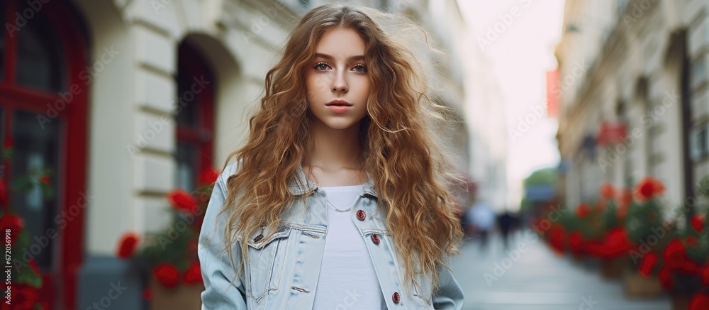 In the summertime a stylish teenage girl strolls through the city wearing trendy attire a fashionable jacket and jeans