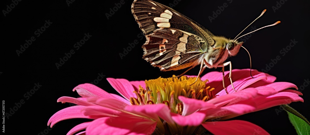 A butterfly known as the Silver spotted Skipper is nourishing itself by sipping nectar from a Zinnia flower that possesses a vibrant pink hue