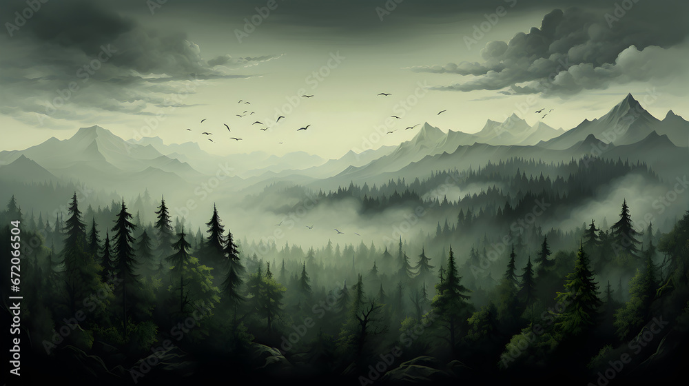 a forest with mountains and trees in the background.a lush forest with towering mountains in the background. Suitable for nature-themed designs, travel brochures, and outdoor-related advertisements.