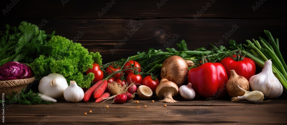 A mixture of vegetables like onions peppers tomatoes cucumbers radishes mushrooms dill and rucola arranged on a dark wooden surface