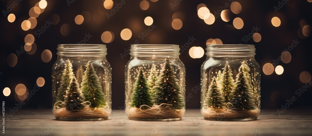 A subtly toned and artistic representation of Christmas trees inside a mason jar accompanied by a garland soft lighting and a touch of shimmer all captured with a specific focus