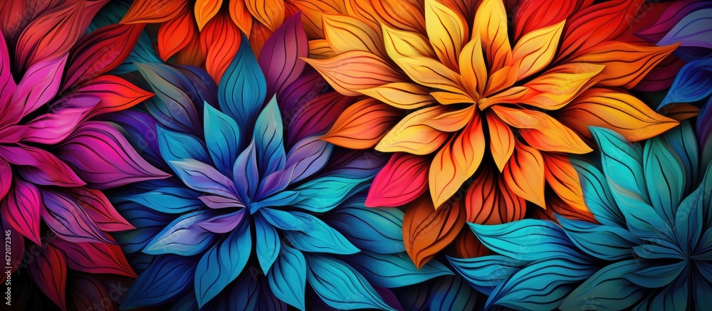 A high resolution vibrant design featuring interconnected flower segments perfect for various creative applications such as fabric or print with a colorful and abstract pattern