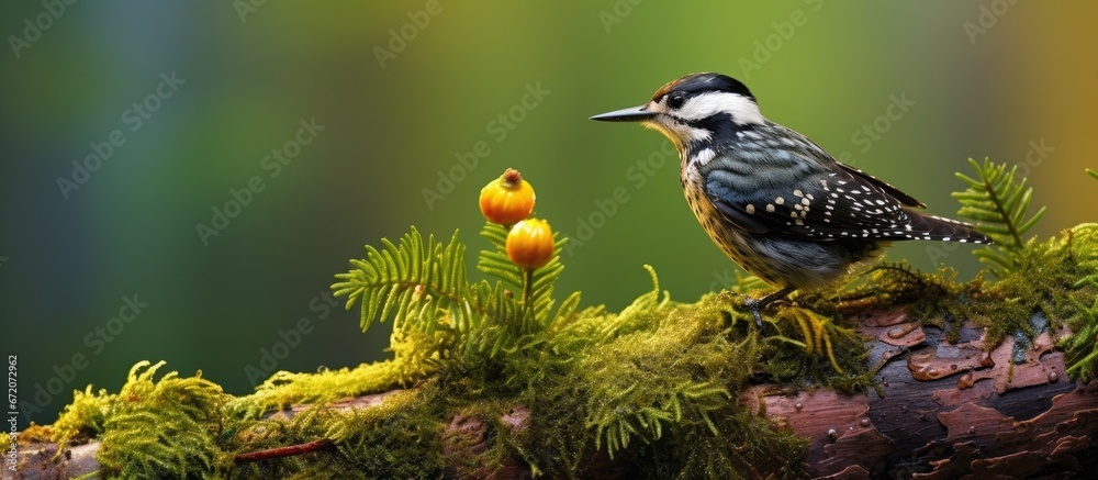 A close up photograph of a Eurasian Three toed woodpecker Picoides tridactylus on a spruce tree in the Bialowieza Forest located in Europe specifically in Poland