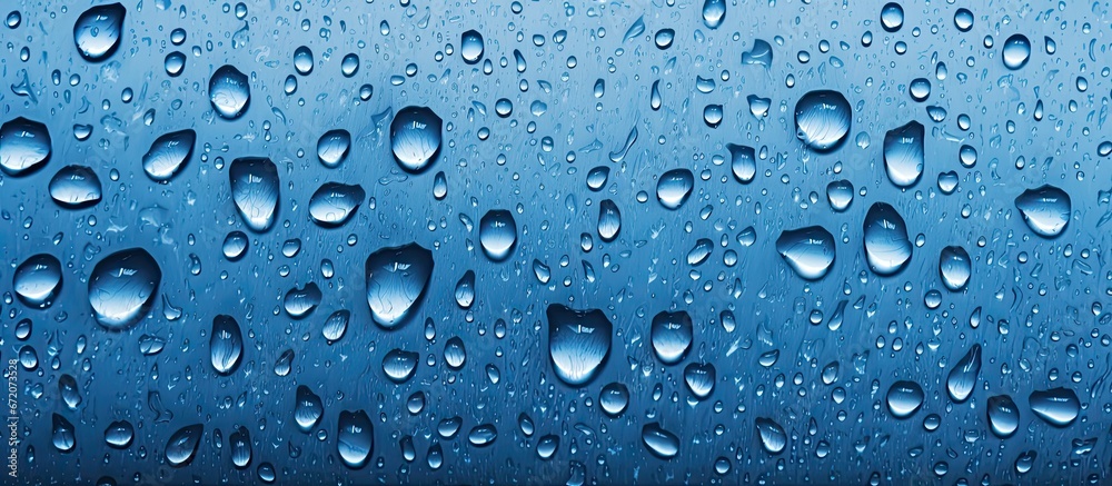 Macro detail of raindrops on blue metal seen up close