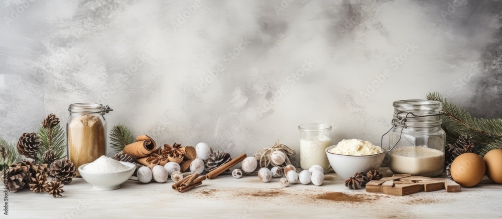 A festively decorated kitchen for Christmas sits empty awaiting the traditional holiday On the table there are ingredients for homemade cookie desserts alongside a glass of milk and a strai