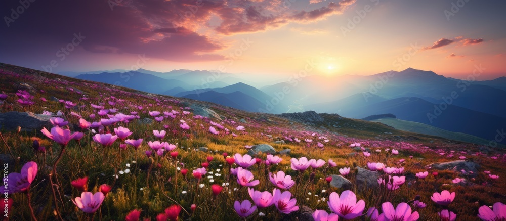 A sunset illuminates flowers on a mountain plateau