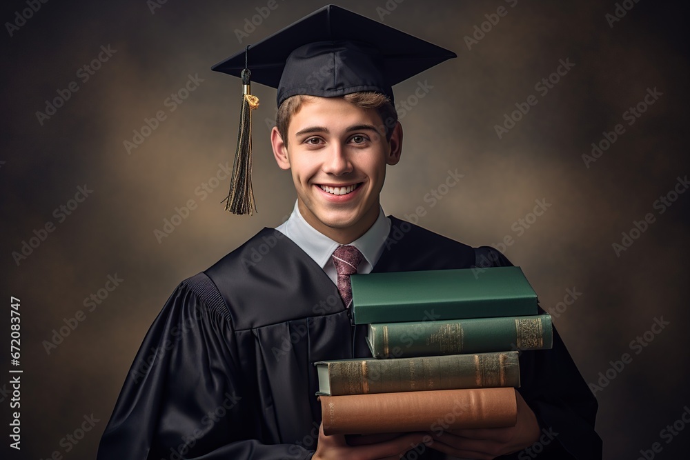 College graduate holding a stack of books representing their years of learning and growth