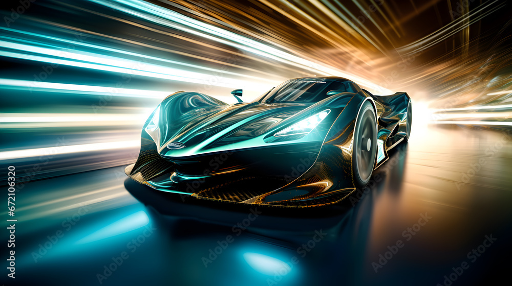 Race car in motion with blurred background with lights. Fast and powerful. Concept of motorsport, racing, competition