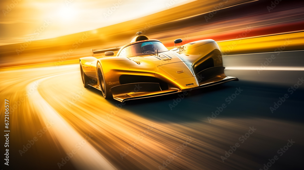 Race car in motion with blurred background with lights. Fast and powerful. Concept of motorsport, racing, competition