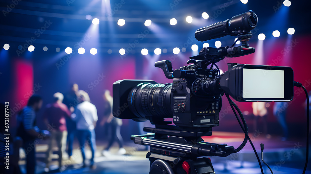 Modern video camera with a digital display recording an interview in a TV show studio. Blurry background. Mass media, television, and technology concepts. Behind the scenes of making of movie and TV