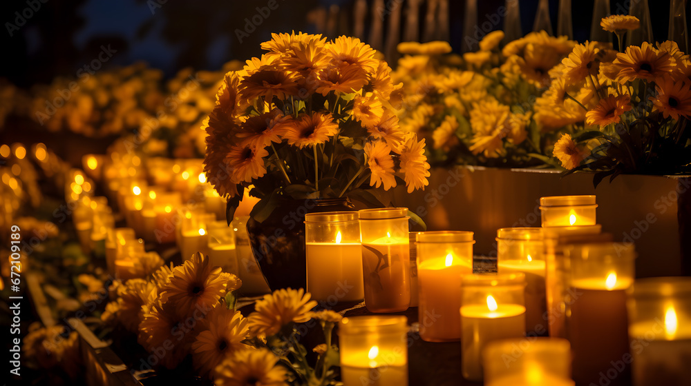 Lots of lit candles and yellow marigold flowers at the cemetery. Celebrating All Saints Day at graveyard at night