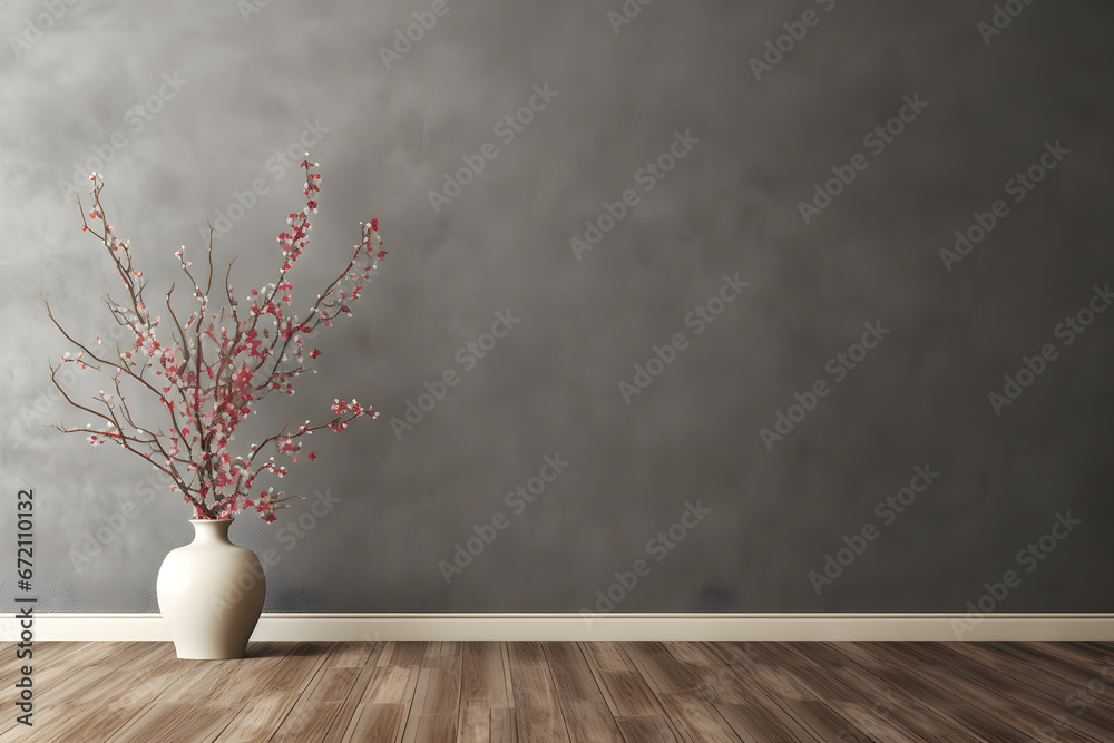 Minimalistic Scandinavian interior, a vase  plants on  brown or beige wall in wooden floor