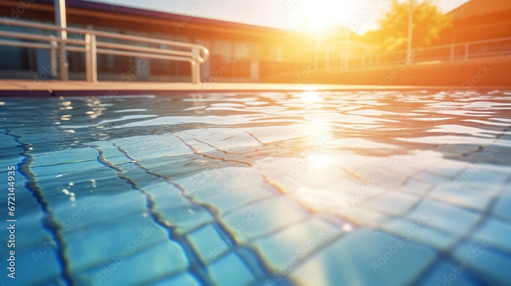 Calm water surface in the empty swimming pool of the sports center, sunrise. Generative AI