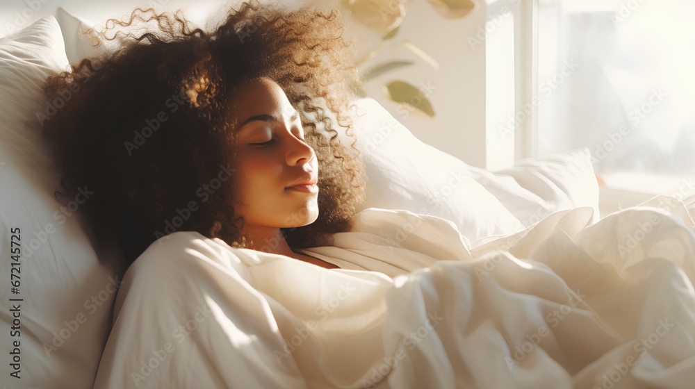 A serene image capturing a womans morning routine as she is getting out of bed. She is enveloped in crisp, white sheets, her eyes gently closed, indicating she is just waking up from a peaceful sleep.