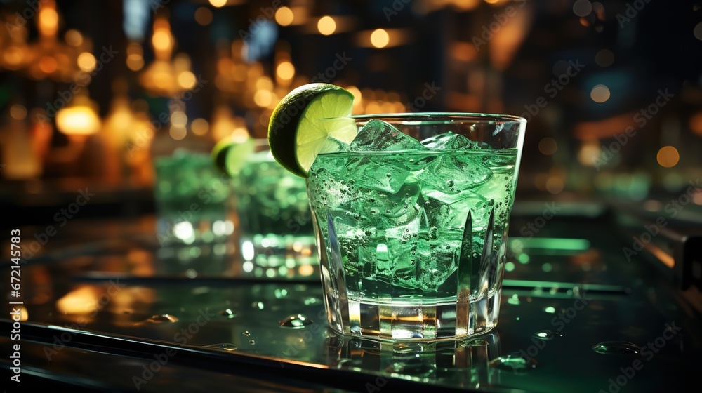 Close-up of a glass with an exotic green cocktail with ice and lemon on the bar counter. Generative AI